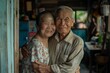 portrait of an Asian old couple embracing each other, family love, old couple