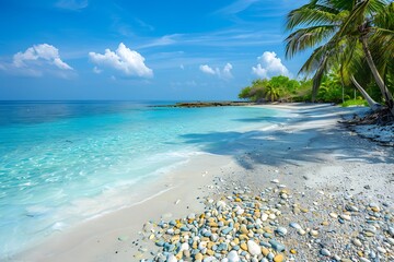 Wall Mural - A tranquil sandy beach with a clear blue ocean, smooth pebbles and swaying palm trees