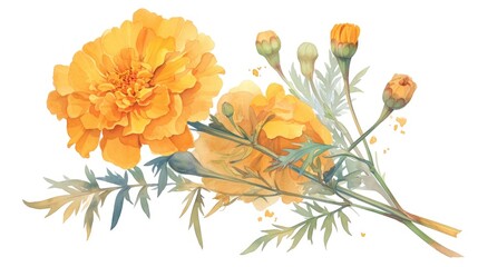 Wall Mural - capture the beauty of a marigold flower in a vibrant watercolor illustration showcasing a variety of