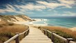 charming coastal boardwalk, where a wooden bridge path gracefully winds along the seaside scene, offering delightful views of the ocean and shoreline.
