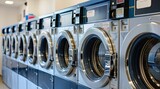 Fototapeta  - a row of washing machines are lined up in a laundromat