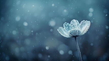 Wall Mural -   A lone white bloom with dewdrops on its petals against a dark blue and teal backdrop