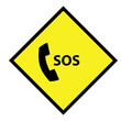 Yellow sticker with silhouette of a phone receiver and the text sos