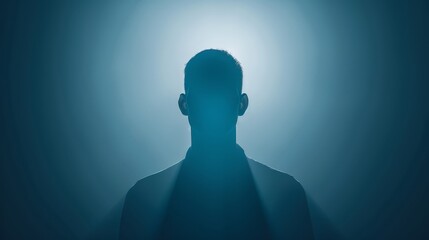   A man's silhouette in a dark room, lit from behind by a source of light, casting it through his head