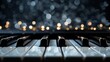   A tight shot of a piano keyboard against a backdrop of softly blurred lights The keys are sharply focused, while the surrounding lights exhibit an artistic, out-of-focus quality
