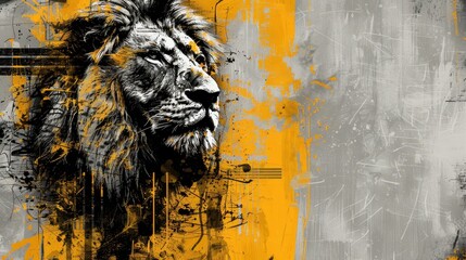 Wall Mural -   A painting of a lion against a yellow and gray backdrop, featuring a black and white striped section on its left side