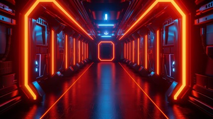 Wall Mural -   A long hallway illuminated by neon lights Two rows of alternating red and blue lights flank the corridor on each side