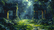 Ethereal Encounter: Oil Painting Portrays Glowing Garden Among Ancient Ruins