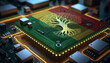 The Senegal flag depicted on a microchip integrated within an electronic board. Symbolizes technological progress and the creation of specialized chips to meet industrial demands