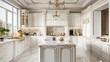 © lililia - a luxury kitchen adorned with white cabinets, a marble island countertop, and a dazzling chandelier suspended above the sink, accentuated with tasteful gold accents, set against pristine white walls.