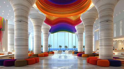 Sticker - A hotel lobby with a colorful ceiling and a view of the ocean