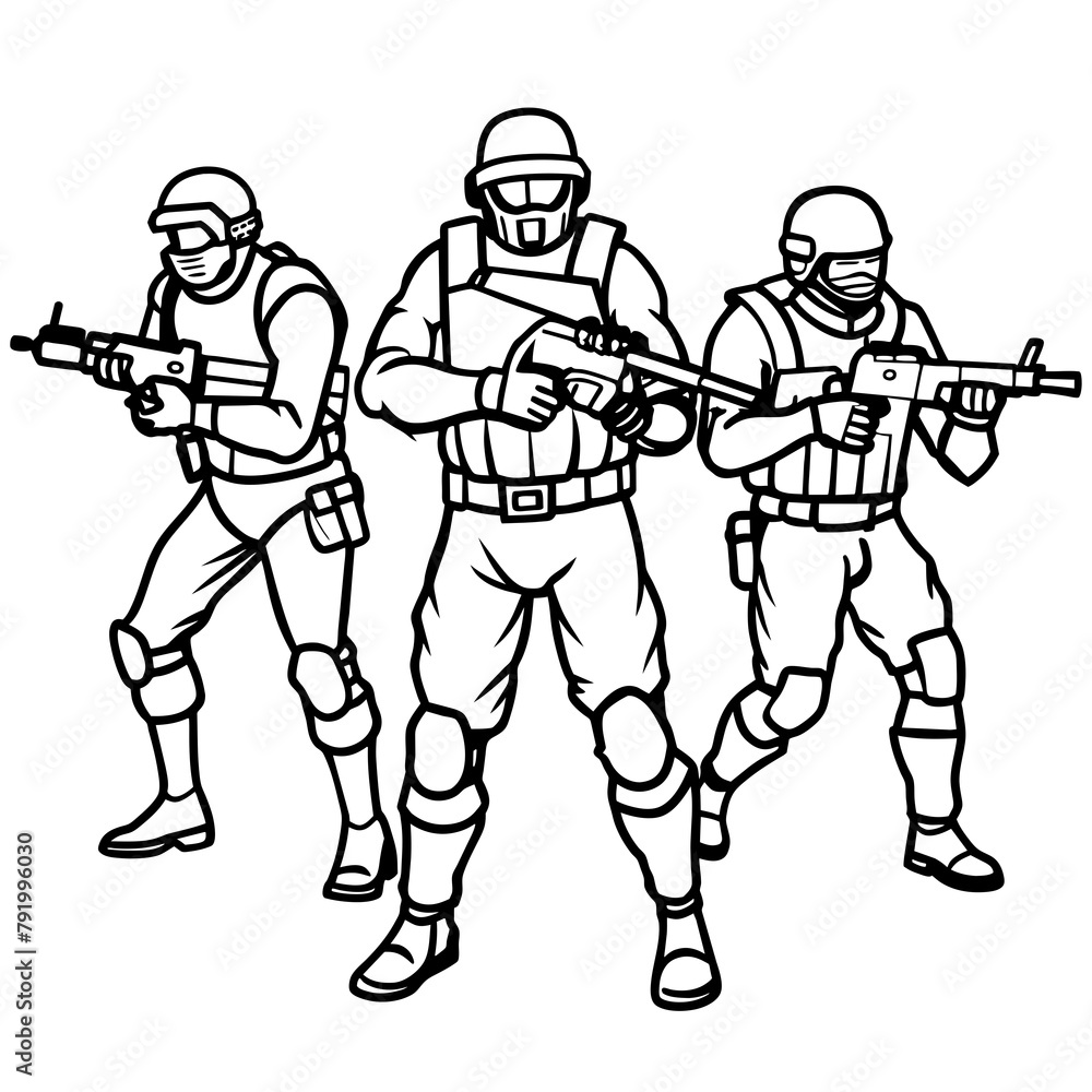 Special forces tactical team of three in action, unmarked and ...