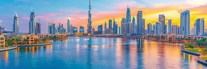 Wall Mural - A city skyline with a large body of water in the background