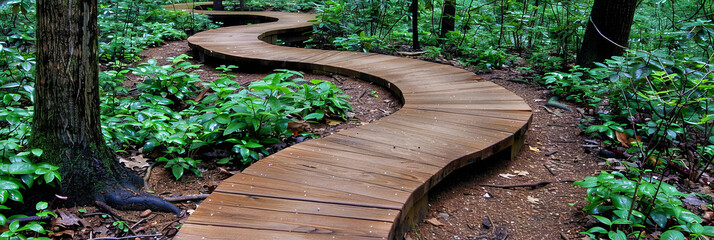 Wall Mural - A wooden path in a forest with a tree in the background