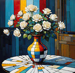 Wall Mural - oil painting with a vase and white roses in cubist style, a beautiful painting for decorating a room or office,