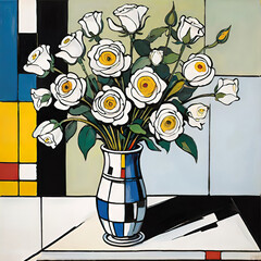 Wall Mural - oil painting with a vase and white roses in cubist style, a beautiful painting for decorating a room or office,