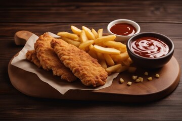 Wall Mural - 'breaded chicken strips two kinds sauces fried potatoes wooden board fast food dark brown background copy space american dinner gold meat sauce snack crispy meal nugget poultry roasted sour breast up'