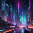night futuristic city - metropolis with large skyscrapers, fantasy picture for design