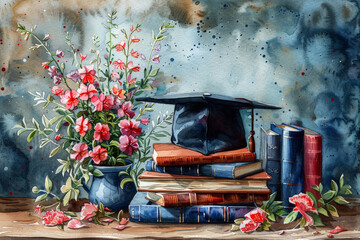 Wall Mural - Graduation cap on stacked books beside blooming pink flowers.