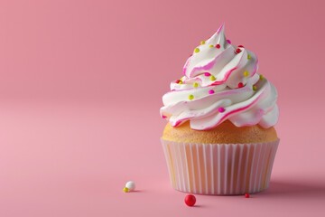 Poster - Cupcake with white frosting on pink background