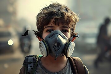 Young Boy Wearing an N95 Mask to Protect Against PM 2.5 Dust, City Air Pollution, and Smog Amidst Bad Weather