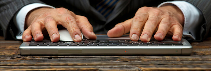 A man is typing on a laptop with his hands on the keyboard