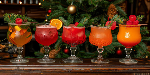 Wall Mural - A row of five drinks with a Christmas tree in the background