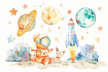 Wall Mural - astronaut and rabbit watercolor painting