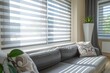 © Marina Demidiuk - Wooden blinds on large windows, sunlight. Elegant living room interior with houseplants, wood blinds. Motorized jalousie in the smart house. Modern window shutters, roller. Duo system day and night.