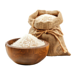 Wood bowl and burlap bag of rice isolated on white or transparent background