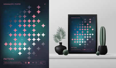 Leinwandbilder - Vector gradient minimalistic rave Poster with strange wireframes graphic assets of geometrical shapes Y2K design inspired by brutalism and mockup in the interior, dark iridescent art with pink romb