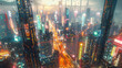 Aerial view of neon-lit cityscape in misty weather, cyberpunk aesthetic for digital wallpaper and game environment. High-tech urban scene with dynamic lighting for futuristic concept