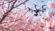 Amidst a field of blooming cherry blossoms, drones pollinate flowers with precision