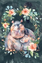 Hippo Surrounded By Flowers
