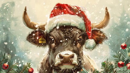 Wall Mural - Cow in Santa Hat Painting