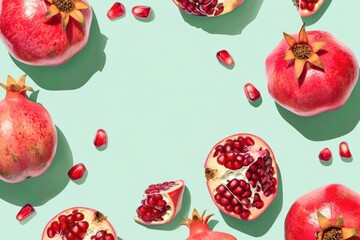 Wall Mural - Group of pomegranates on green surface