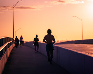 Wall Mural - people walking on the bridge at sunset miami summer 