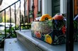 A box full of vibrant fresh fruits sits on a city stoop, showcasing a modern delivery of health and convenience against an urban backdrop.