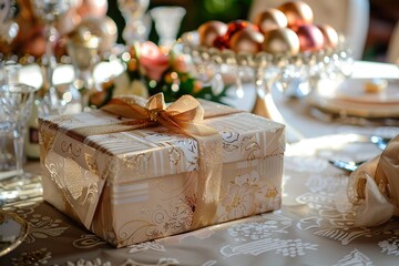 Wall Mural - an exquisitely wrapped gift box with a large ornamental bow, set against a backdrop of subtle holida