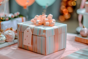 Wall Mural - An exquisitely wrapped gift box with a large ornamental bow, set against a backdrop of subtle holiday decor.