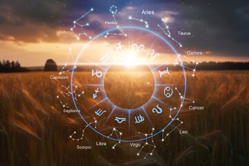 Wall Mural - concept of astrology horoscope inside a big zodiac wheel