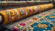 A close up of a traditional hand loom weaving a colorful carpet with intricate patterns.