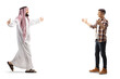 Saudi arab man in traditional clothes meeting a casual young man