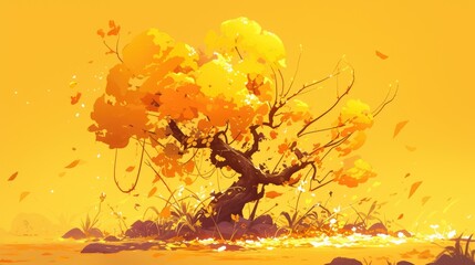 Sticker - A whimsical fall tree adorned with golden leaves in a cartoon style