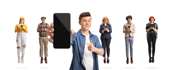 Sticker - Guy holding a smartphone and pointing, group of people with smartphones in the back