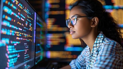 A woman wearing glasses is looking at a computer screen with some glowing data written on it. The concept of focus in work. A programmer is studying the code. Illustration for varied design.