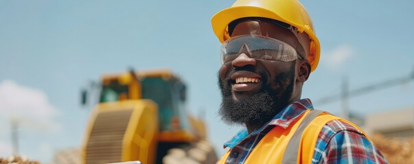 Wall Mural - The image depicts a construction worker in a reflective vest and hardhat using a tablet on a building site.