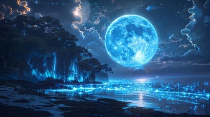 Wall Mural - a blue moon is shining in the sky above a body of water