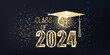 Gold graduation 2024 concept banner with glowing low polygonal graduation hat