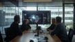 © jackfrost_studio - A marketing team, intently focused and gathered around a sleek conference table, watches a workshop video on a large screen that displays a desktop brimming with AI tools